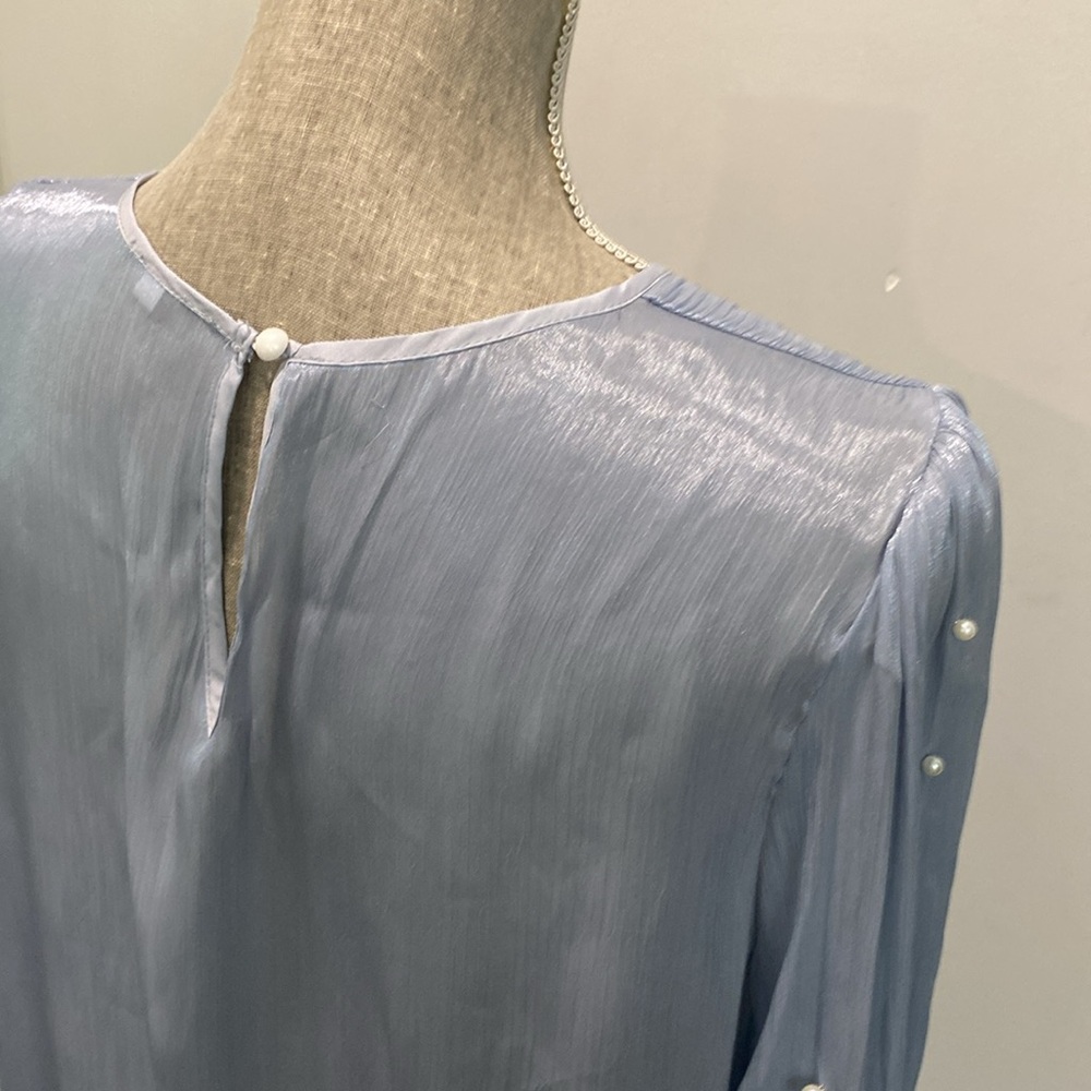Pearl-Embellished Light Blue Long-Sleeve Women's Top - Picture 14 of 16